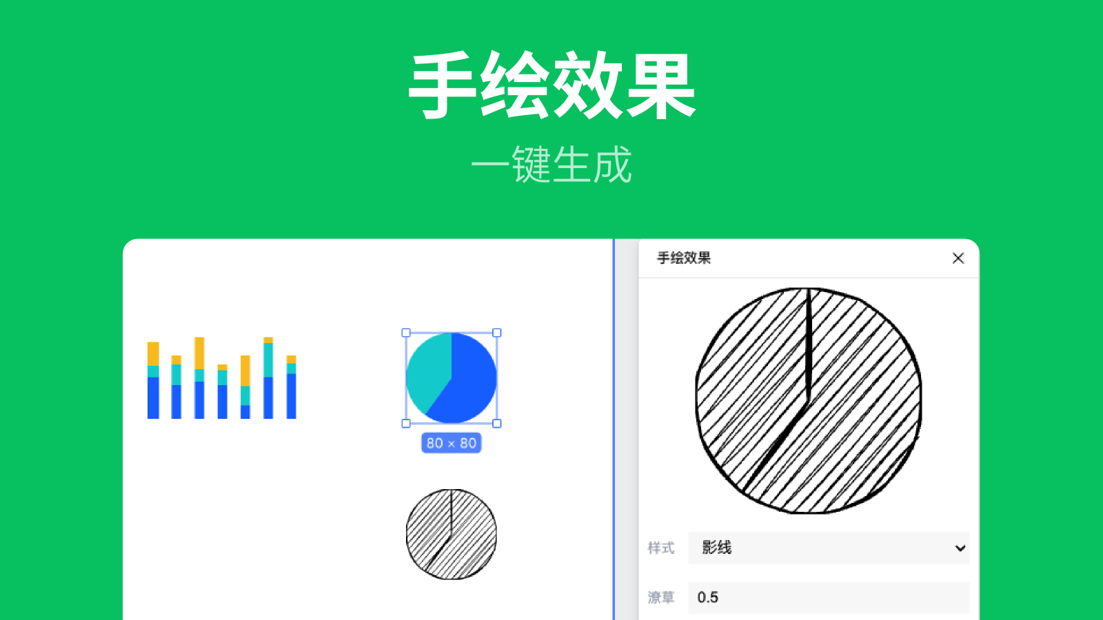 一键生成手绘效果【需购买后使用】：

选择任意图层预览效果；

多个参数可选择；

点击“使用”按钮添加到画布；

预览效果支持拖拽到画布；

不建议选择已转手绘后的图层，会产生非常大的计算量，若非高性能设备可能导致卡死